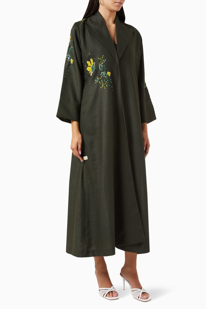 

Floral-embroidery Coat Abaya in Linen, Green