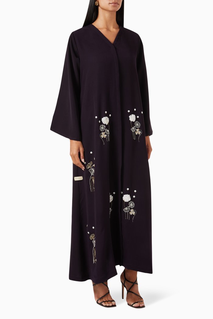 

Floral-motif Embellished Abaya in Crepe, Purple