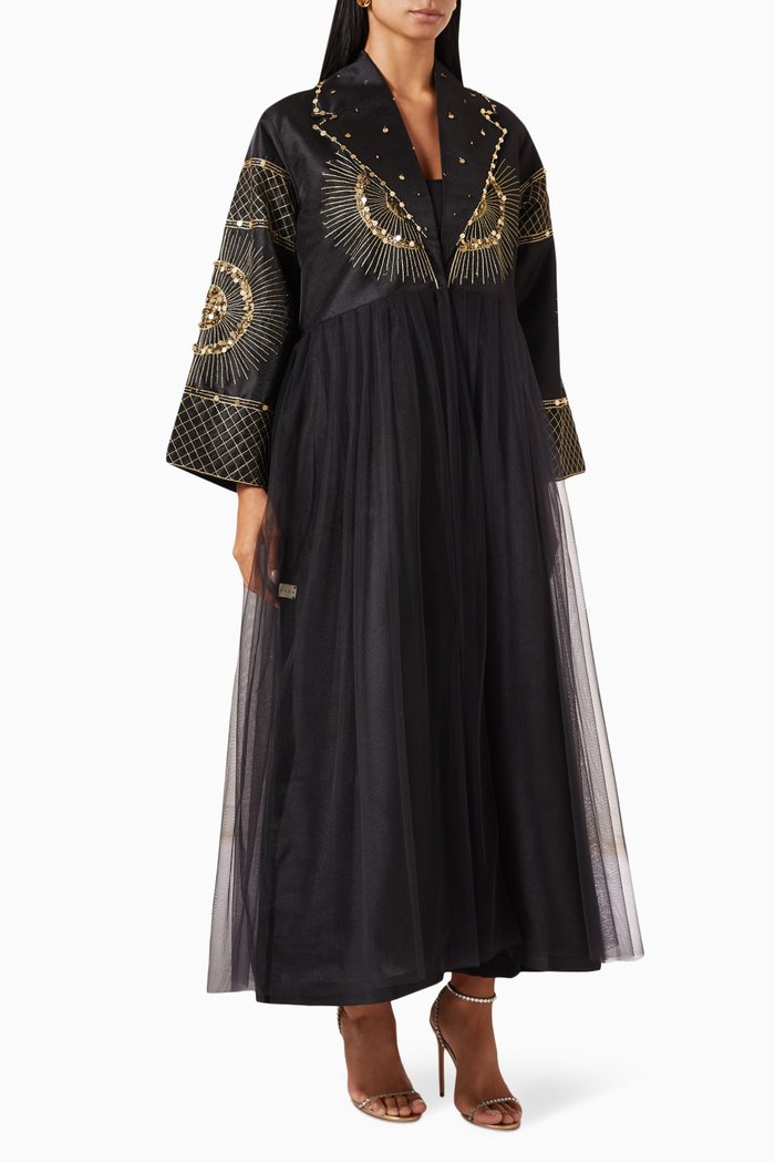 

Sun-motif Embellished Abaya in Taffeta, Black