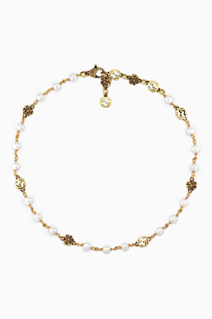 Interlocking G Flower Pearl Necklace, Multicolour