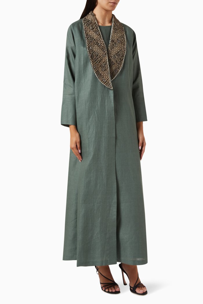 Embellished-collar Abaya in Linen, Green