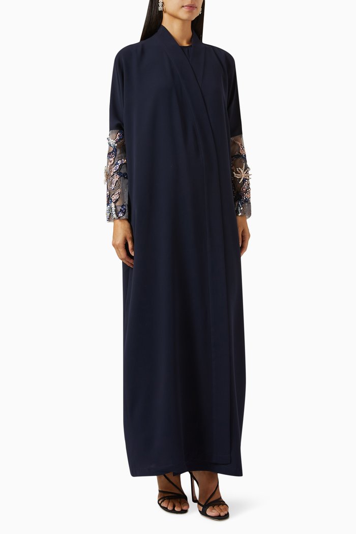 

Embellished-sleeve Abaya in Crepe, Blue