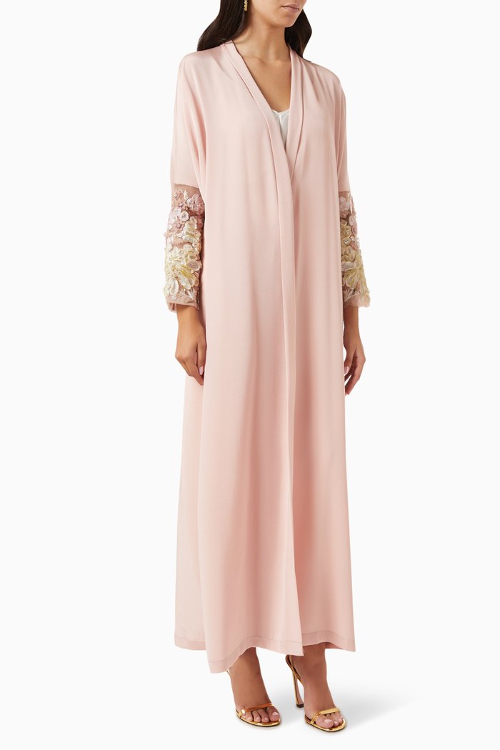 

Embroidered-sleeve Abaya in Crepe, Pink
