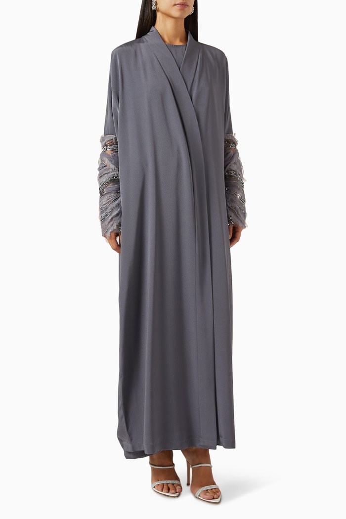 Embroidered Frill-sleeve Abaya in Silk-crepe, Grey