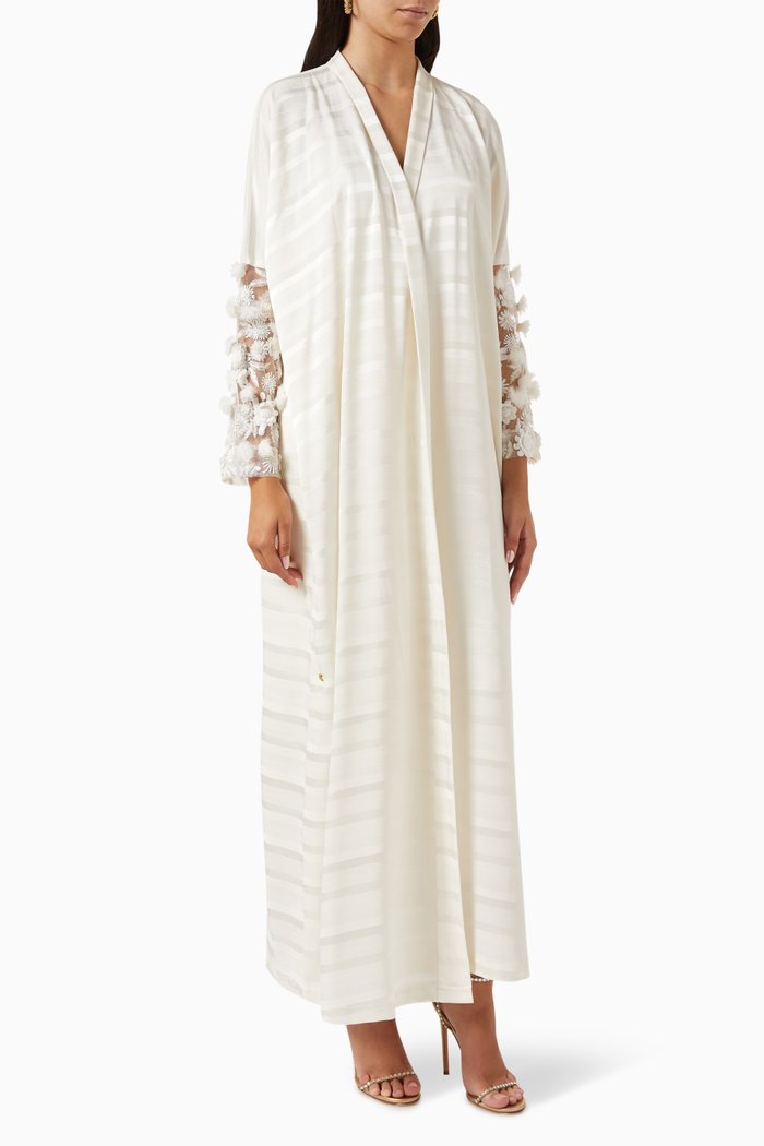 

Striped Embellished-sleeve Abaya in Crepe, Neutral