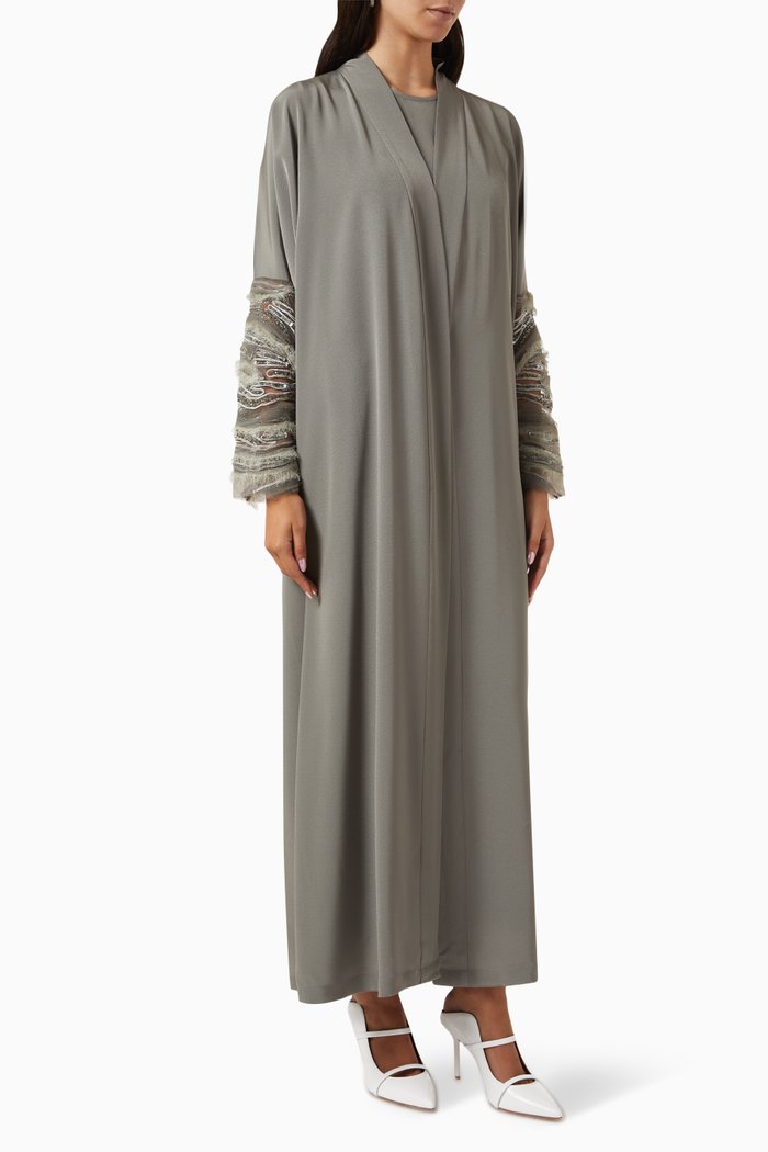 

Embellished-sleeve Abaya in Silk-crepe, Green