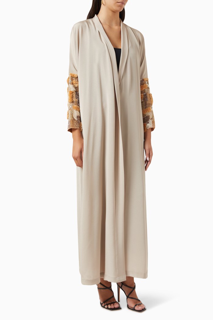 Embellished-sleeve Abaya in Silk-crepe, Neutral