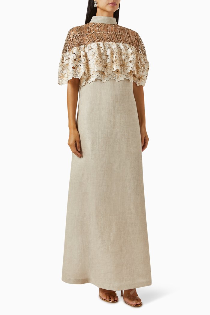 

Embroidered-lace Kaftan in Linen, Neutral