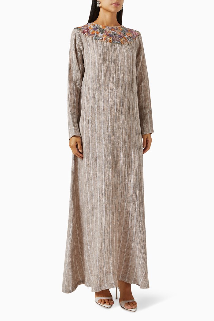 

Striped Embellished Kaftan in Crinkled-linen, Pink