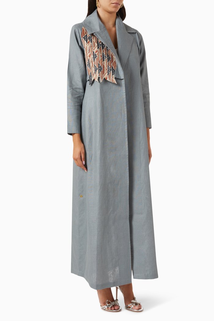 

Embroidered Coat Abaya in Linen, Grey