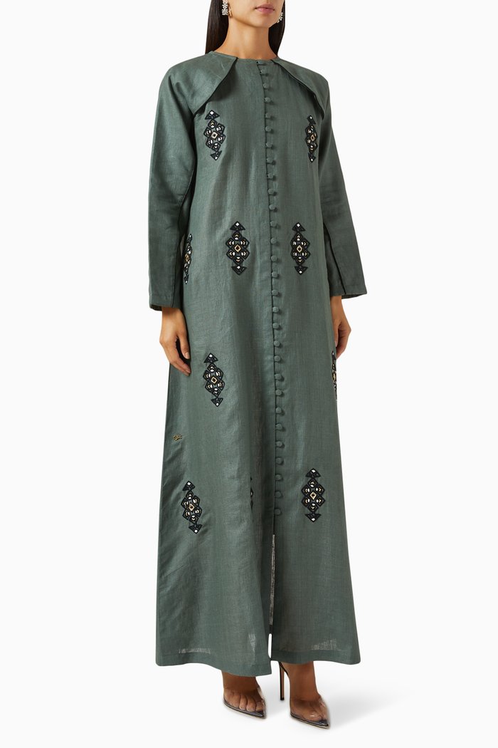

Tribal Embroidered Kaftan in Linen, Green