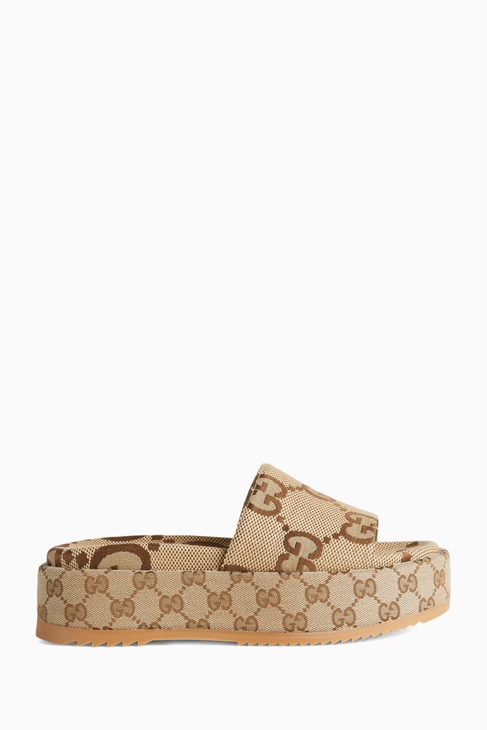

GG Platform Slide Sandals in Logo Canvas, Brown