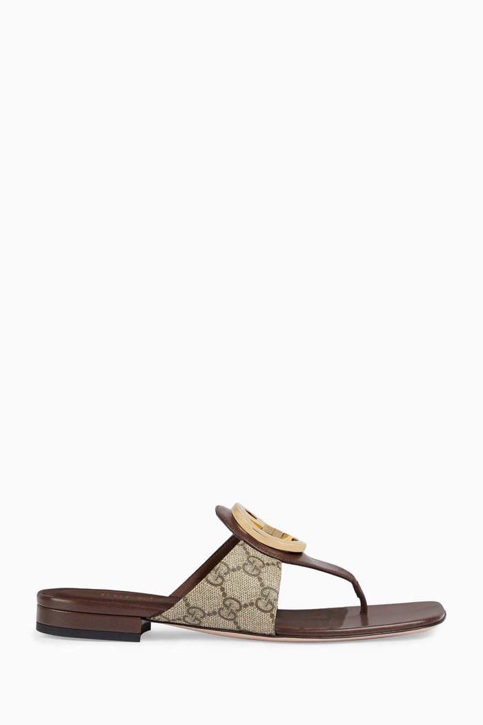 

Blondie Thong Flat Sandals in GG Supreme Canvas & Leather, Brown