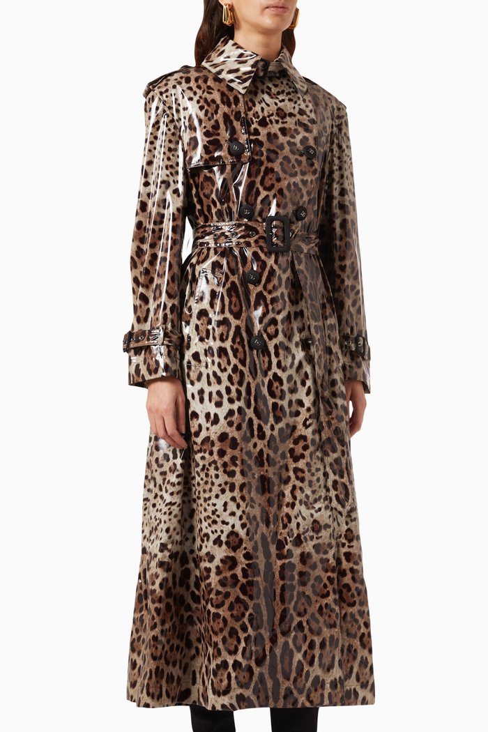 

Leopard-print Trench Coat in Coated-sateen, Brown