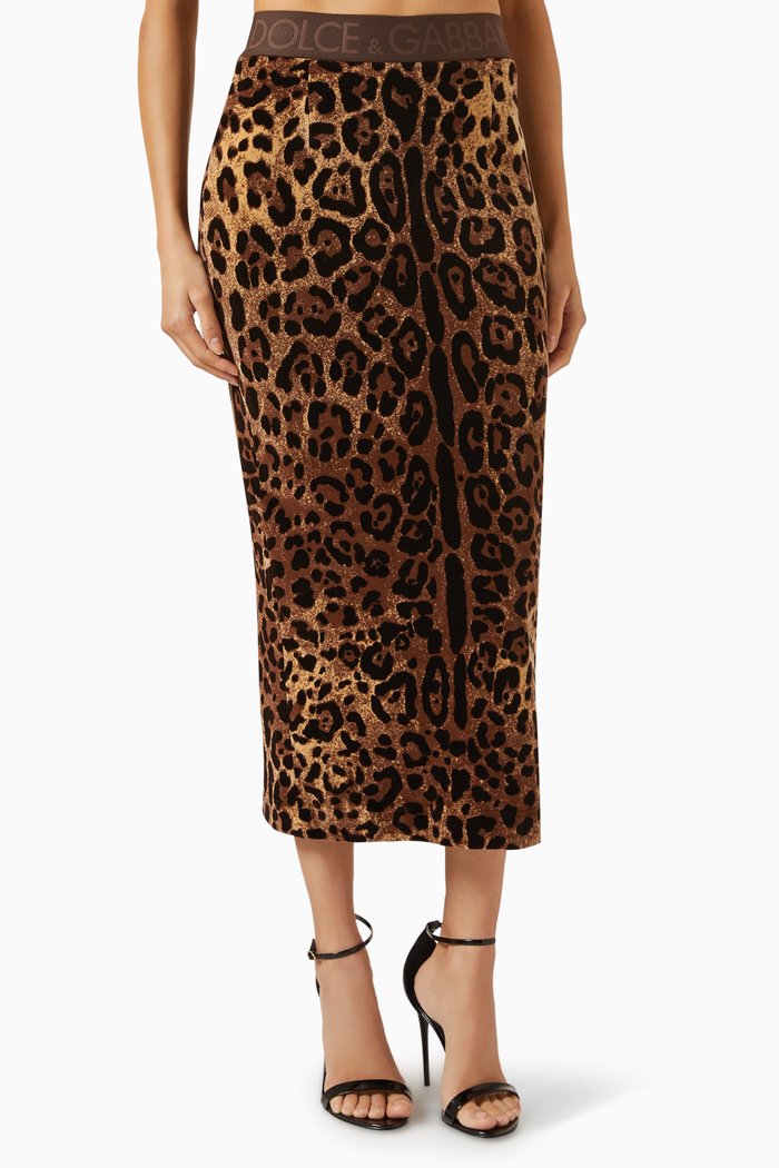 

Leopard-jacquard Midi Skirt in Chenille, Brown