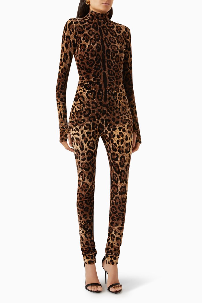 

Leopard-jacquard Jumpsuit in Chenille, Brown