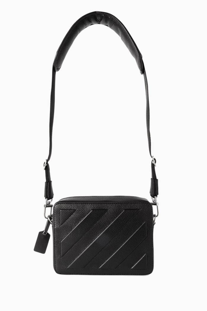 Diagonal Stripe Camera Bag in Leather, Black