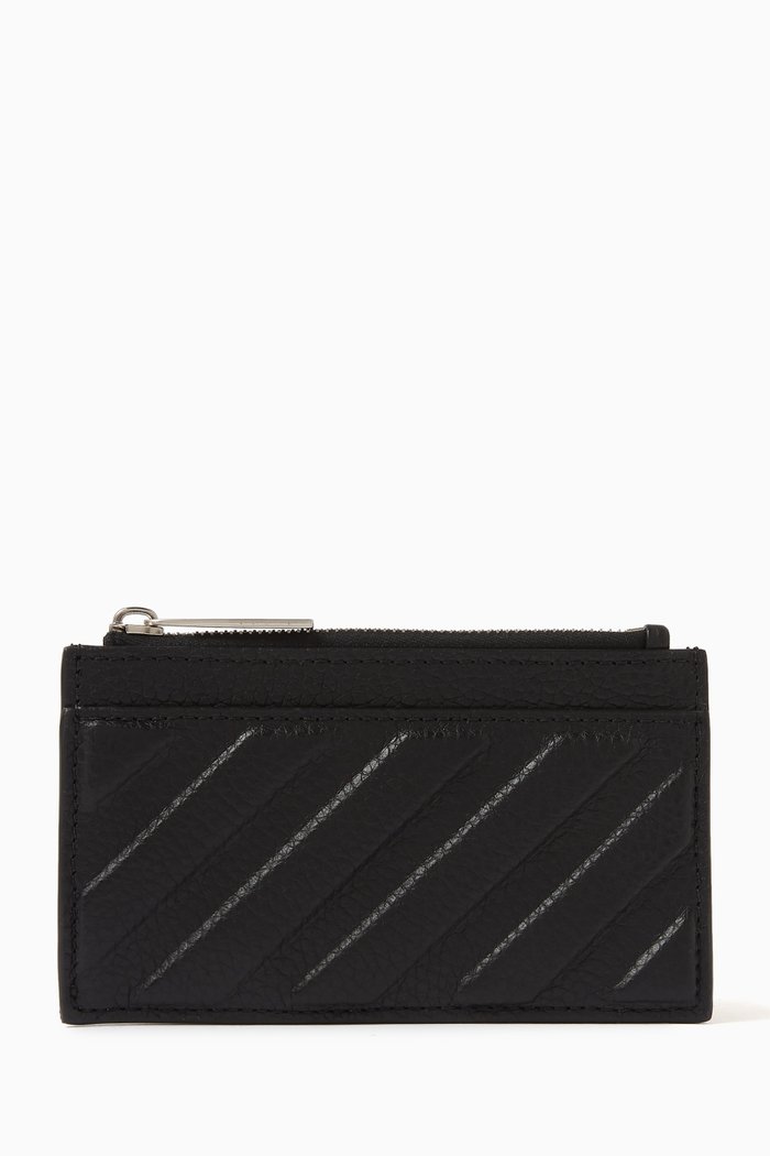 

3D Diag Zipped Card Case in Grained Leather, Black