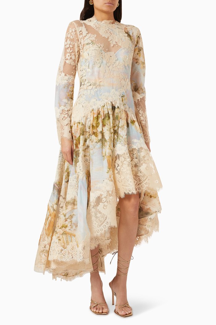 

Luminosity Asymmetric Midi Dress in Silk Linen Organza, Multicolour