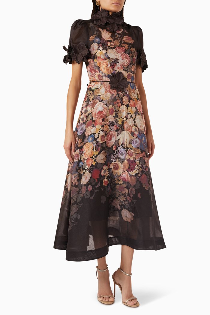Luminosity Liftoff Flower Midi Dress in Silk Linen, Multicolour