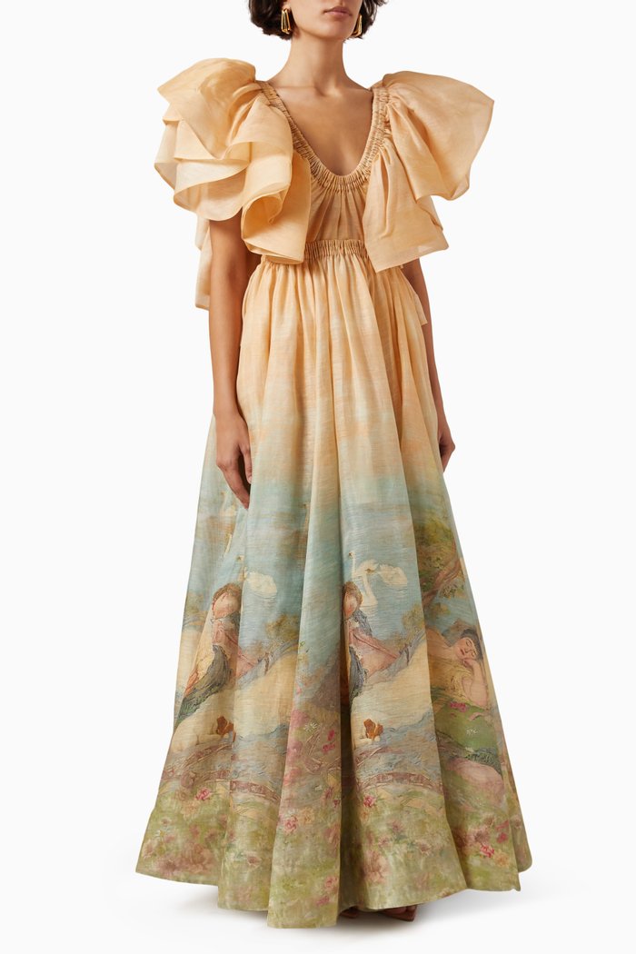 

Lyrical Frill Neck Maxi Dress in Linen & Silk-blend, Multicolour