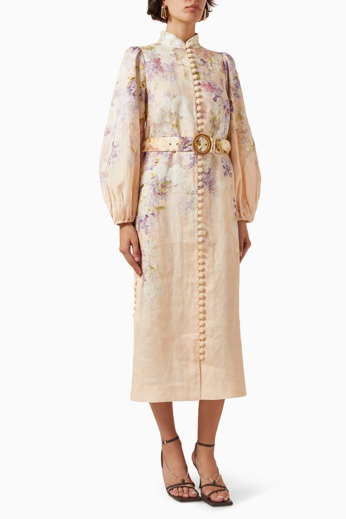 

Lyrical Buttoned Midi Dress in Linen, Multicolour