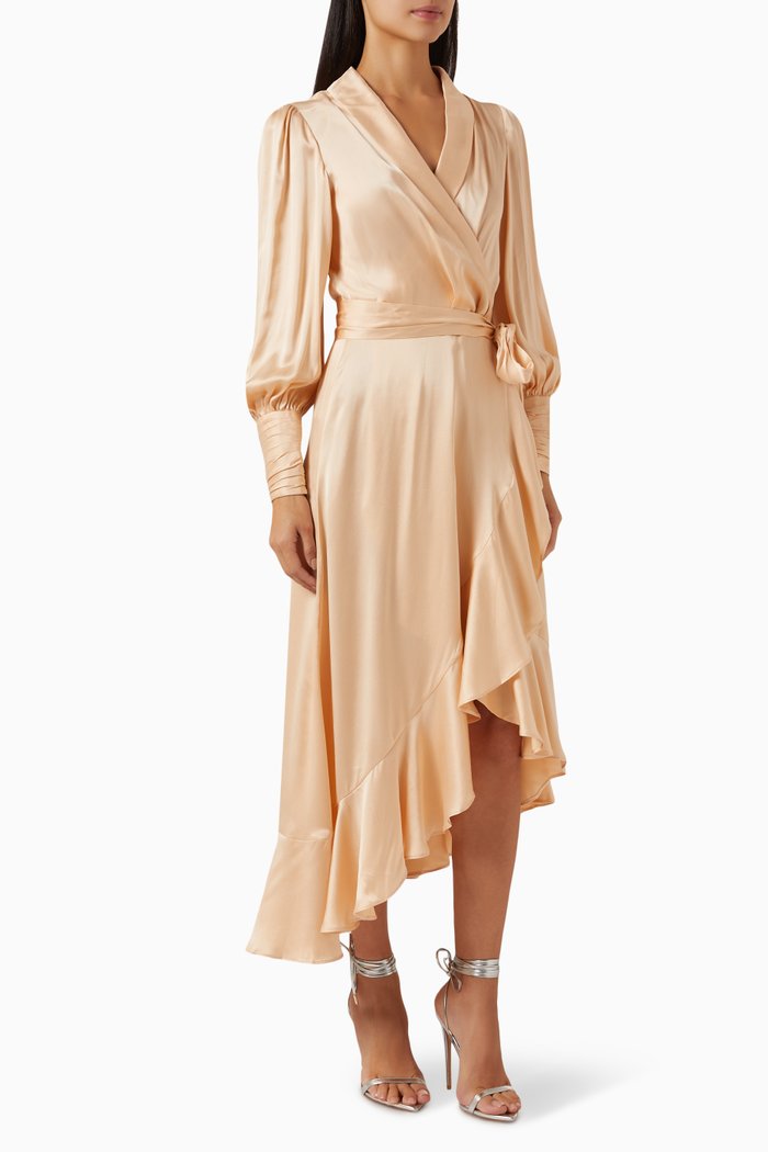 Ruffled Midi Wrap Dress in Silk, Neutral