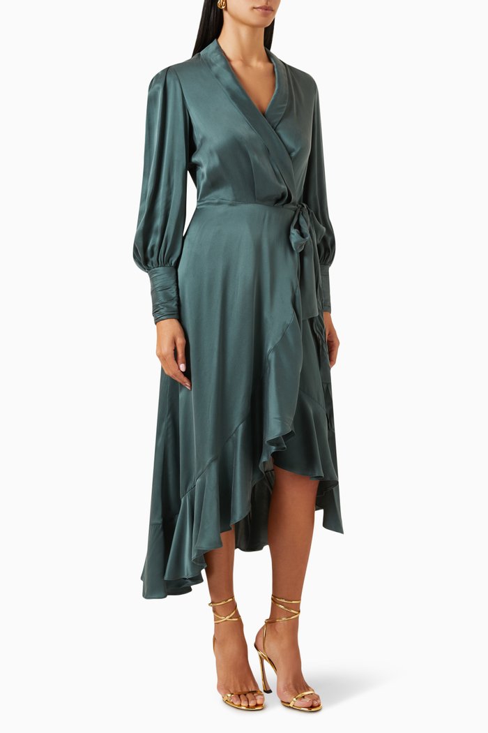 

Ruffled Midi Wrap Dress in Silk, Green