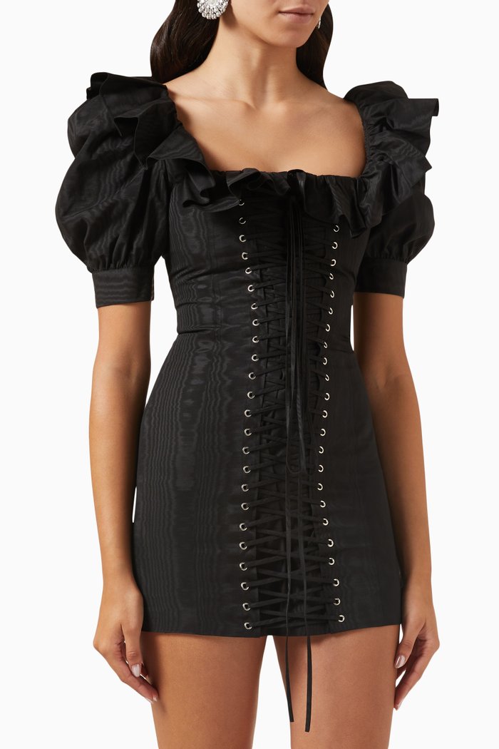 

Lace-up Mini Dress in Moiré, Black