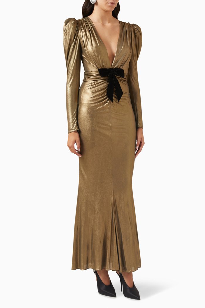

V-neck Evening Dress in Laminated Jersey, Gold