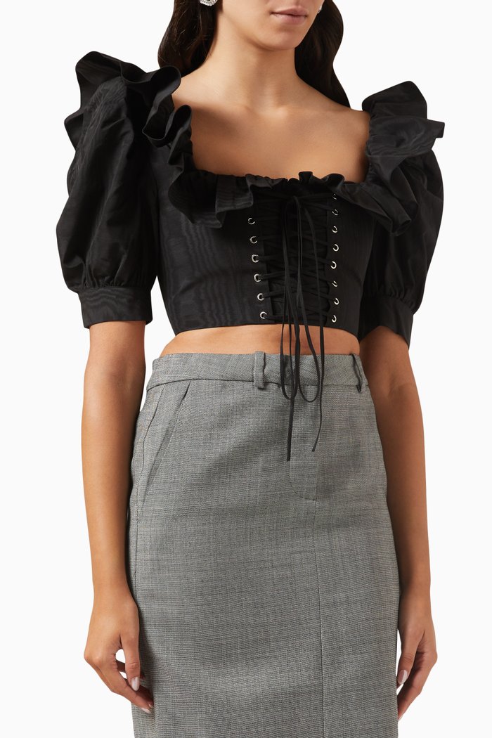 

Lace-up Cropped Top in Moiré, Black