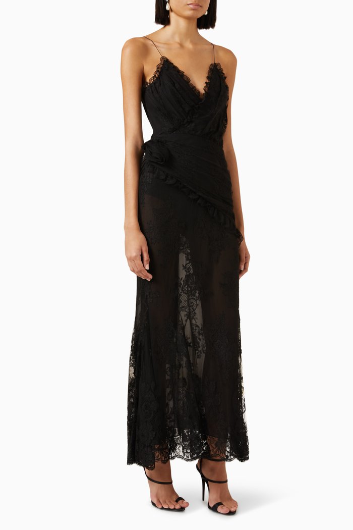 

Evening Slip Dress with Rose Detail in Delicate Lace, Black