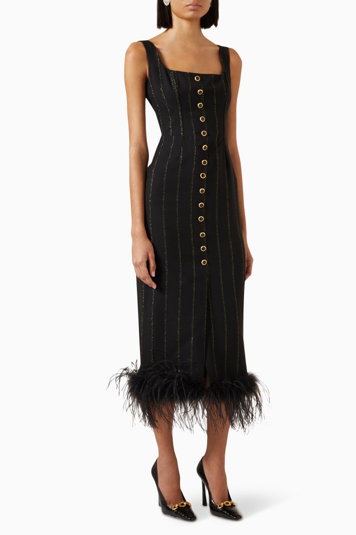 

Pinstripe Dress with Feathers in Wool, Multicolour