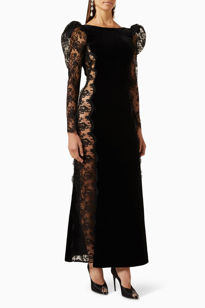 

Open-back Lace Maxi Dress in Velvet, Black
