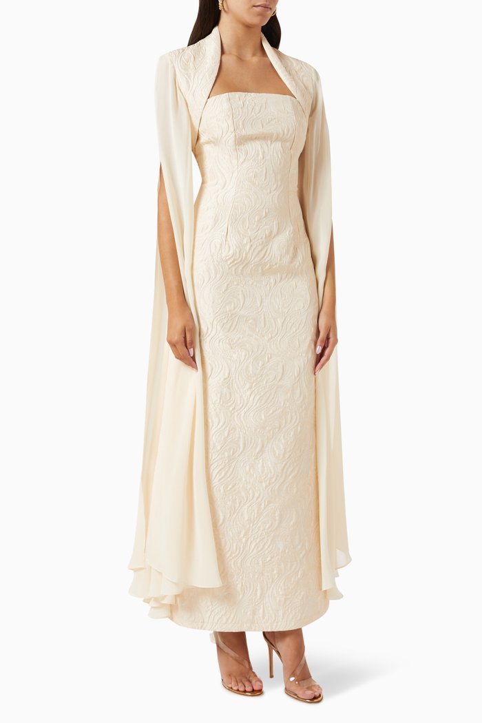 

Strapless Maxi Dress with Bolero in Jacquard, Neutral
