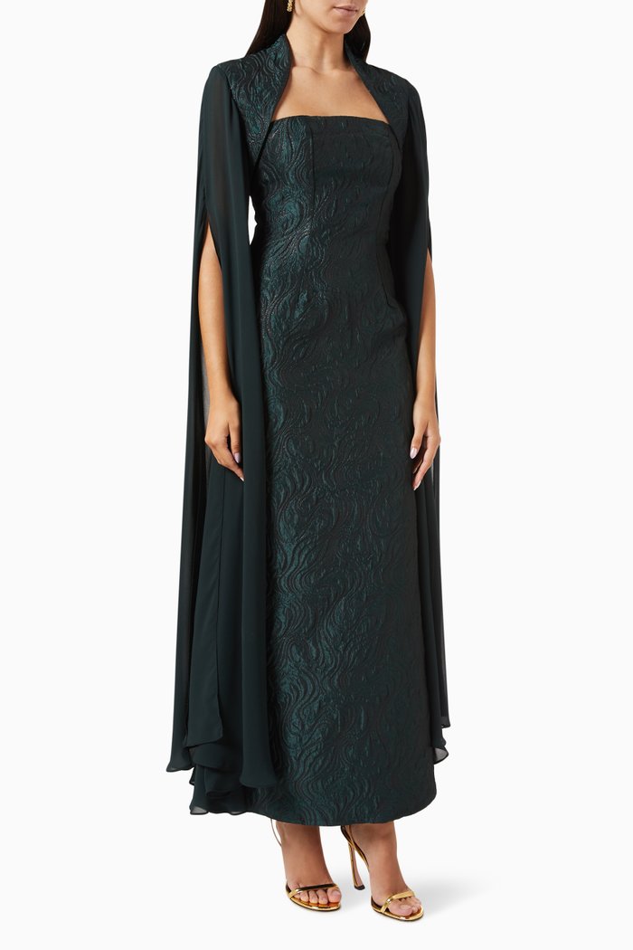 

Strapless Maxi Dress with Bolero in Jacquard, Green