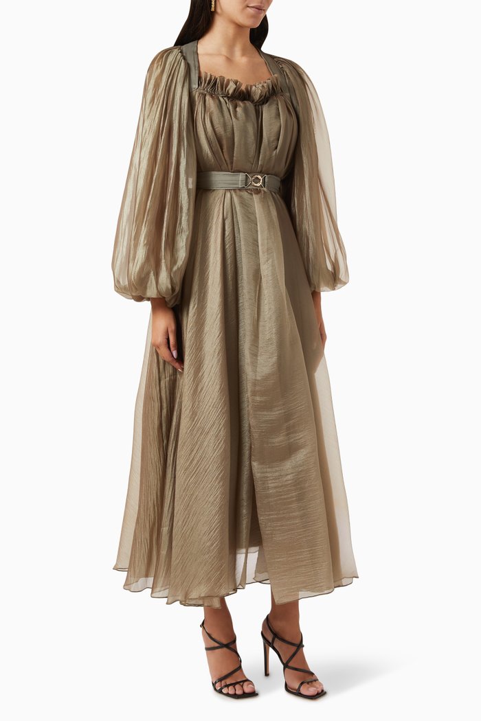 

Shimmer Belted Midi Dress in Organza, Green