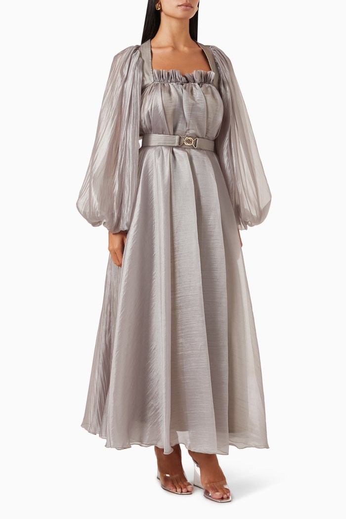 

Shimmer Belted Midi Dress in Organza, Silver