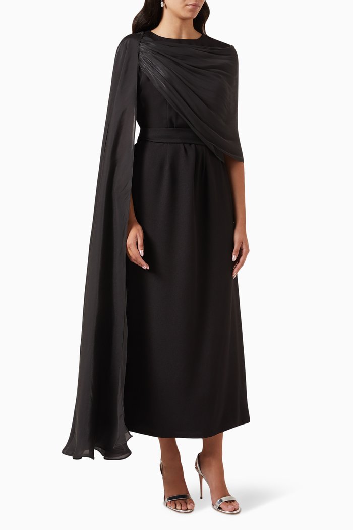 One-shoulder Cape Maxi Dress, Black