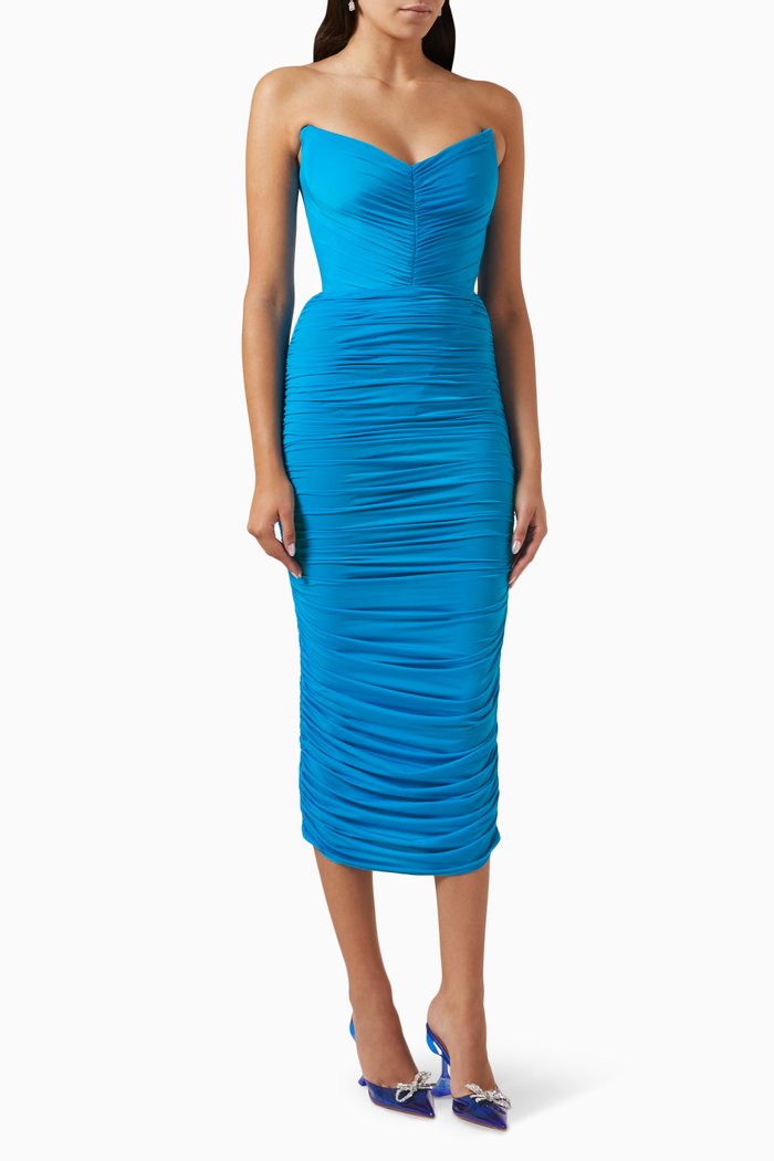 

Dane Strapless Ruched Midi Dress in Lycra, Blue