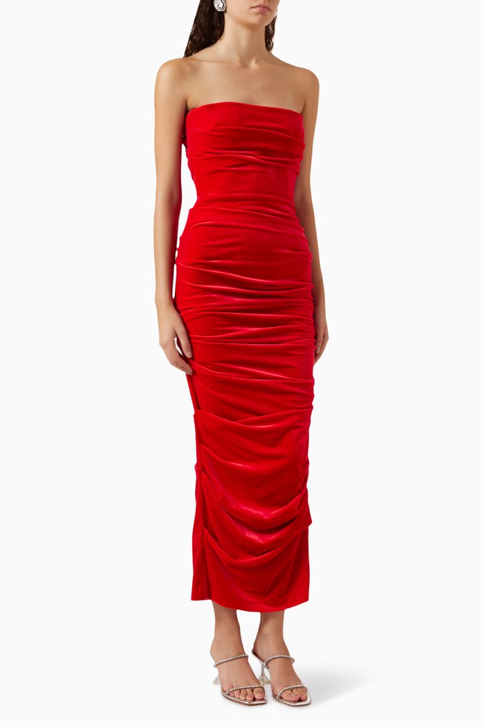 

Parkin Strapless Dress in Velvet, Red
