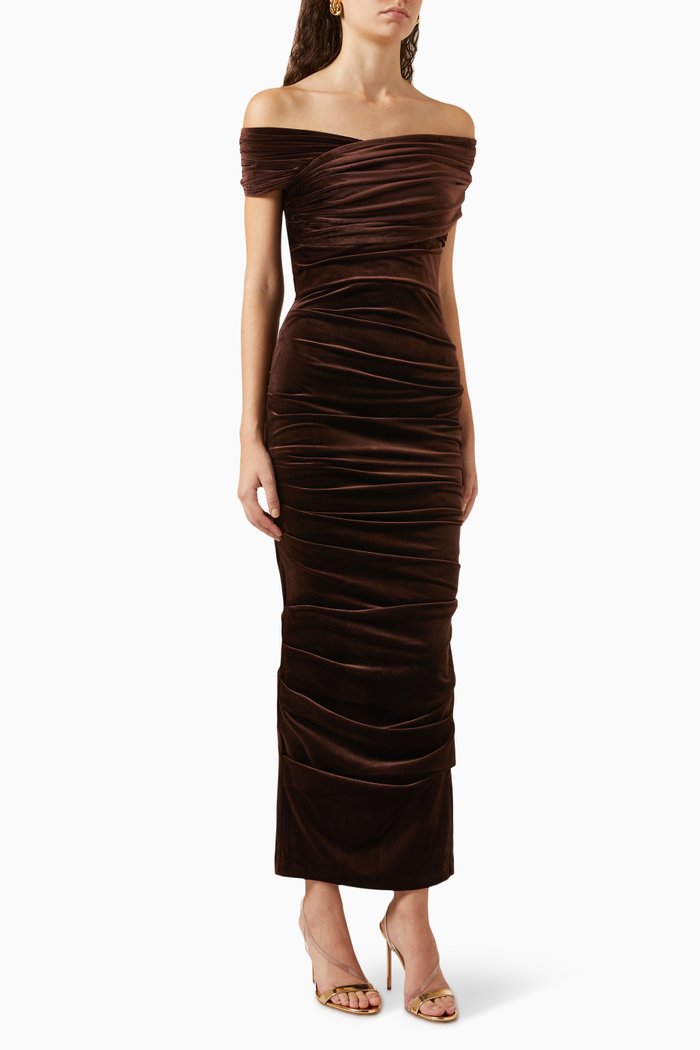 

Layne Ruched Dress in Velvet, Brown