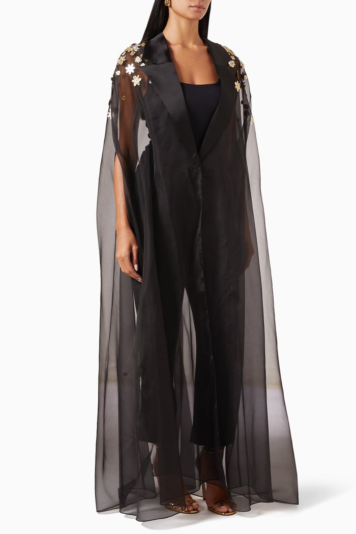 

Two-tone Floral Abaya in Organza, Black