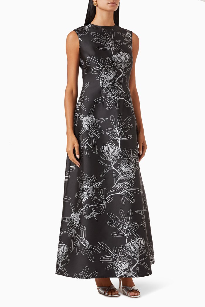 

Jacquard Print Dress in Satin, Grey