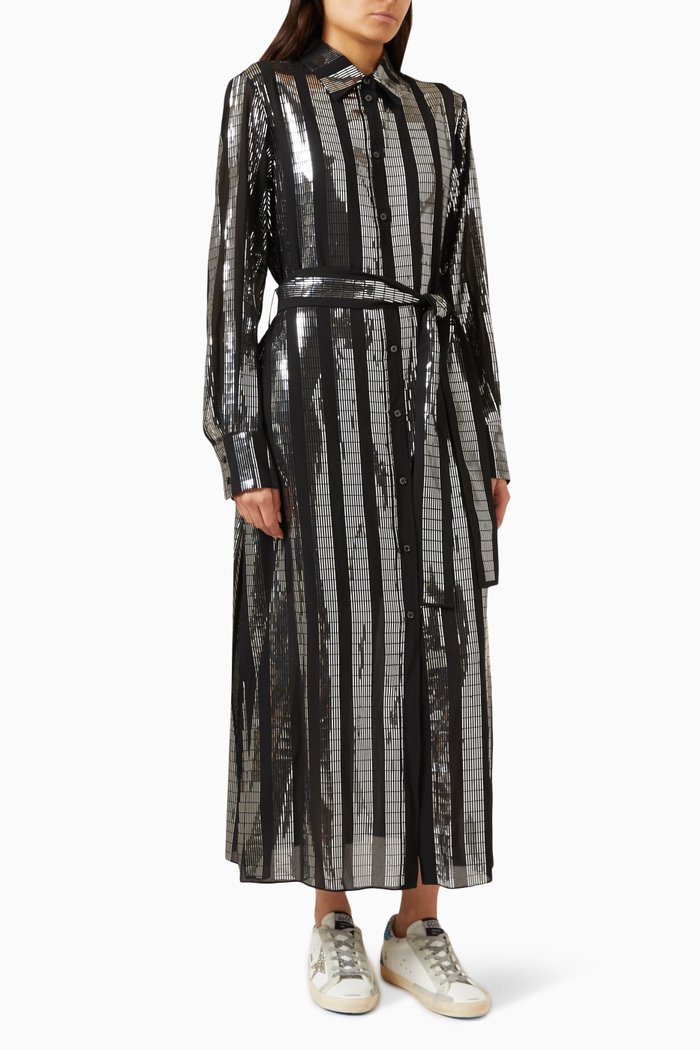 

Journey Striped Lamé Maxi Dress in Georgette, Black
