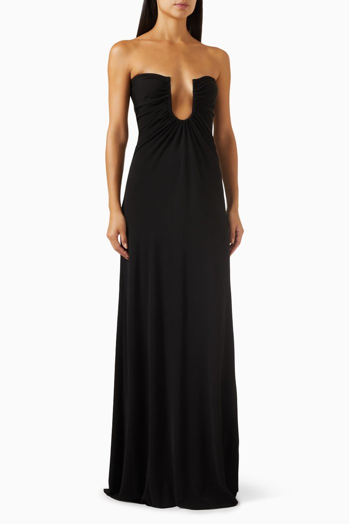 

Arced Palm Strapless Maxi Dress in Viscose, Black
