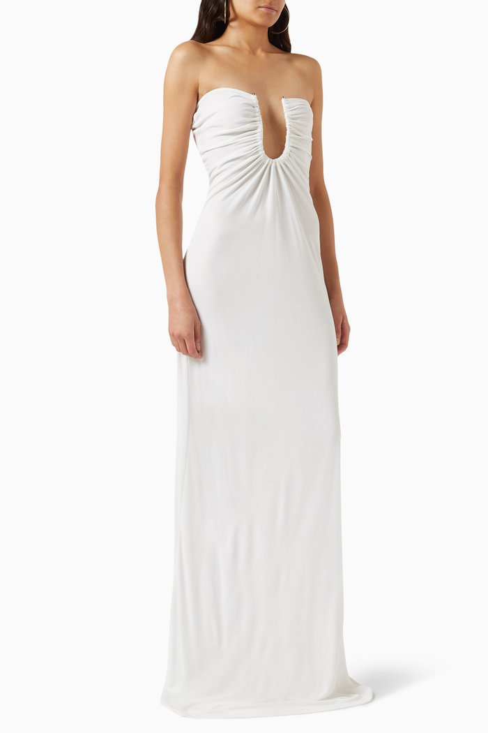 

Arced Palm Strapless Maxi Dress in Viscose, White