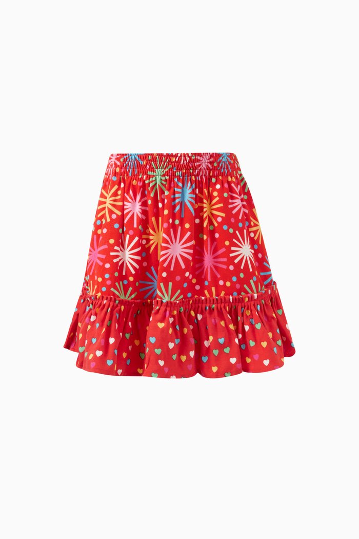 Hearts-print Ruffled Skirt in Lyocell, Red