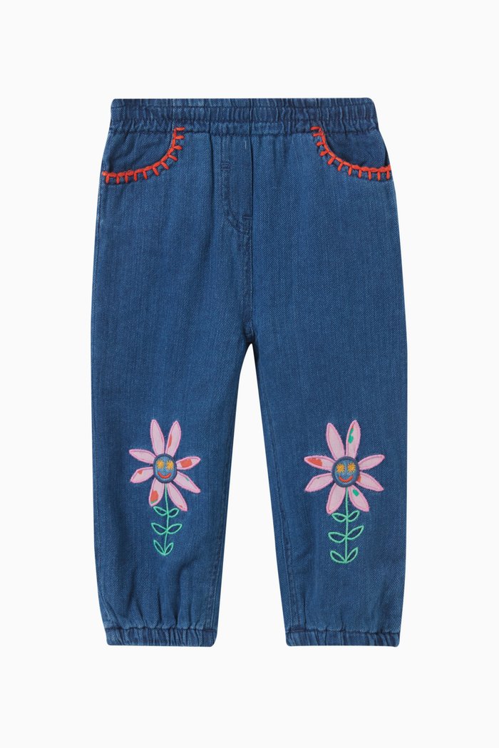 

Floral-embroidered Denim Pants in Cotton, Blue