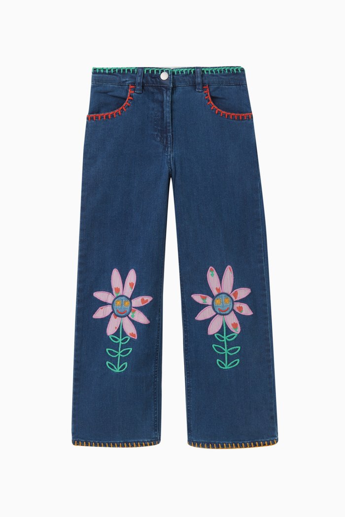 

Floral-embroidered Denim Pants in Cotton, Blue